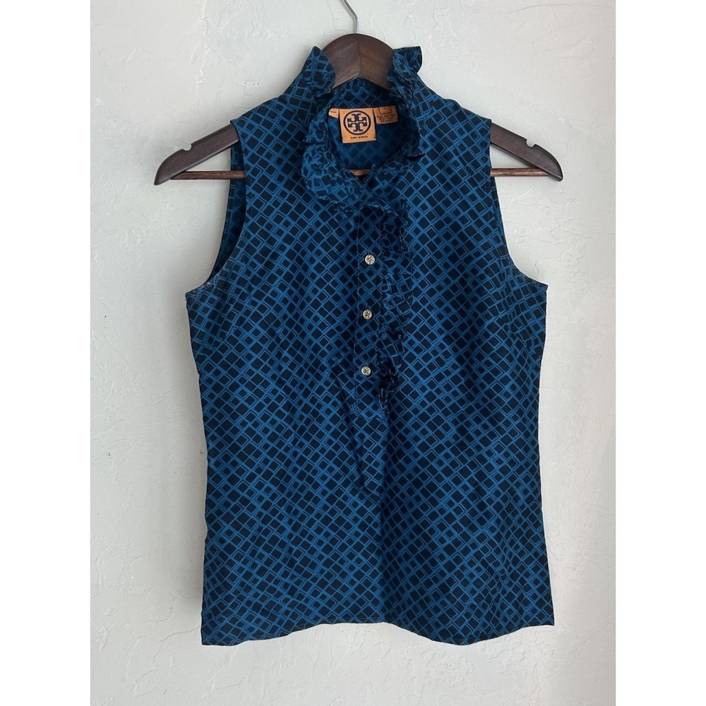 Tory Burch 100% Silk Ruffle Button Sleeveless‎ Top 2 Preppy Designer Classic